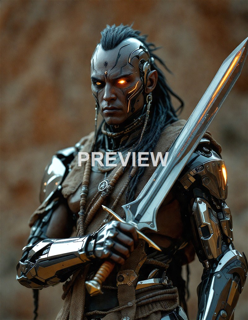 A futuristic, cybernetic warrior with glowing eyes, intricate mechanical armor, and long dreadlocks, holding a large sword in a desert-like environment.